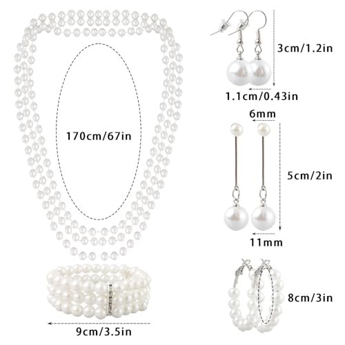 19 Pcs Pearl Necklace Earrings Set for Women 1920s Faux Pearl Necklace Simulated Pearls Bracelet Costume Jewelry Pearls Accessories for Gift Wedding3