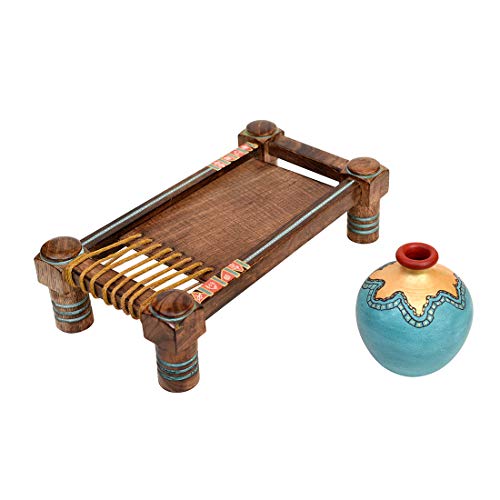 Image of Aakriti Art Creations Terracotta Vases Set of 2 with Wooden Chowki Stand, Turquoise Blue with Golden Glaze, Matte Finish Abstract Flower Vases for Living Room Decor, Table Decor