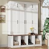 Merax Hall Tree with Entryway Bench and Shoe Storage Compartments, Particle Board Multi-Functional Cabinet with 4 Hanging Hooks, White
