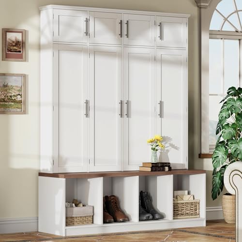 Image of Hall Tree with Entryway Bench and Shoe Storage Compartments, Particle Board Multi-Functional Cabinet with 4 Hanging Hooks, White