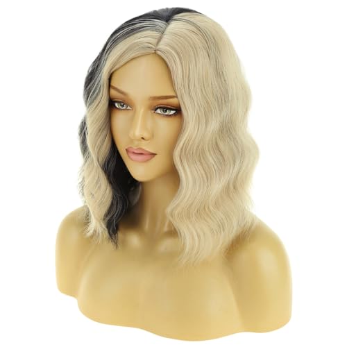 Image of BERON Black and Blonde Wigs for Women Short Curly Wavy Hair Wig Girls Mixed Color Synthetic Costume Cosplay or Use Wig