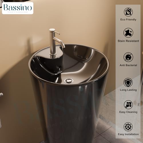 Image of BASSINO 18x18x32 Inches Ceramic Pedestal Wash Basin /7 Years Warranty /One Piece Free Standing Basin For Bathroom /Living Room /Salons /Round Modern Sink For Hotel /Floor Mounted Washbasin(Glossy Black)