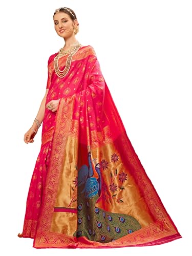 EthnicJunction Women's Paithani Silk Blend Woven Saree With Blouse Piece, Pink, One Size
