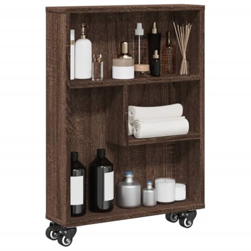 Mandloder Aufbewahrungswagen Schmal Eichen-Optik 48x13x68cm, Holzwerkstoff, Rollwagen mit Bremsen, Viel Stauraum für Küche, Bad, Wohnzimmer, Praktisches Design