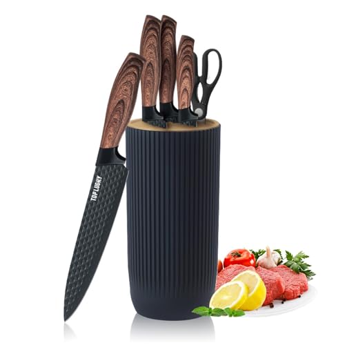 Chef Knife Set with Block, 6-Piece Kitchen Knives Set with Sharp Blades, Professional Knife Set with Ergonomic Handle, Non-Stick Stainless Steel Knife Block Set (Black-2)