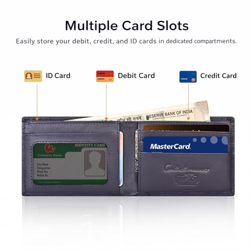 Image of Contacts Men's Genuine Leather Wallet | RFID Blocking Bifold Wallet for Men | Up to 8 Card Slots Including 1 ID Window (Blue)