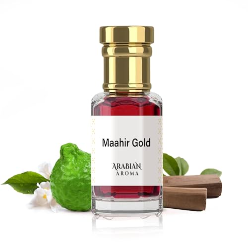 Image of Arabian Aroma Maahir Gold Attar | Fruity Floral Attar Perfume for Men & Women | Unisex Long-Lasting Sandalwood & Chocolate Musk | Alcohol Free, 100% Pure Perfume (6ml)