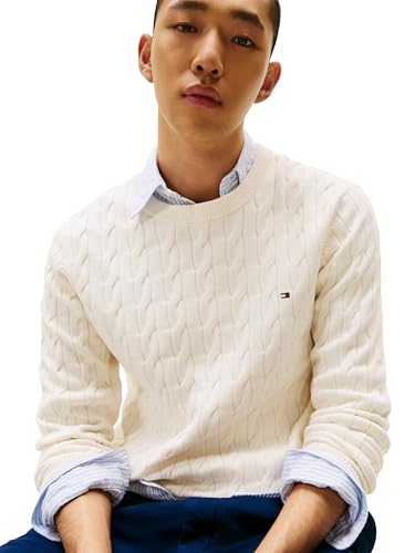 Image of Tommy Hilfiger Men's Cable Knit Crewneck Sweater Lightweight Pullover
