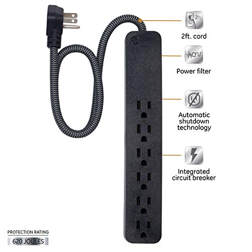 GE UltraPro Protector contra Sobretensiones con 6 Tomas, Cable de Extensión Trenzado de 2 pies, Negro miniatura 3