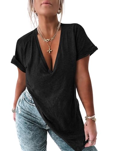 Image of Womens Deep V Neck T Shirts Oversized Side Split Summer Sexy Tunic Tops | Loose Fit, Low Cut, Soft Comfortable, Flowy, Casual Dressy, Stretchy, Beach Vacation, Solid Color, Curved Hem