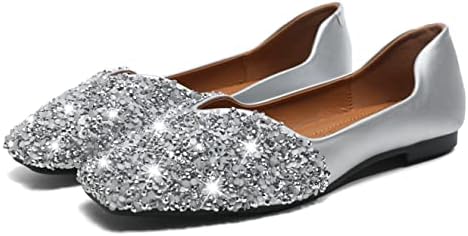 FSFDAMAI Women Rhinestone Flats Silver,Square Toe Bling Glitter Dressy Casual Bridal Wedding Sparkly Comfortable Shoe(Silver,9.5)