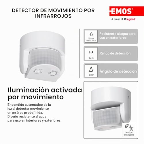 Miniatura 3 de Emos Detector De Movimiento Infrarrojo Ip44, 12 M, 180 , 3 2000 Lux, 10 S 15 Min, 230 V, Interior Exterior, Montaje En Superficie, Blanco