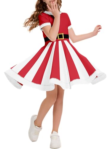 Ainuno Christmas Outfits for Girls 10-12 Red Santa Dress Vintage Holiday Dress Short Sleeve Ugly Xmas Outfit Crewneck Aline Skater Dresses Girls Santa con Clothes 11-12 Years