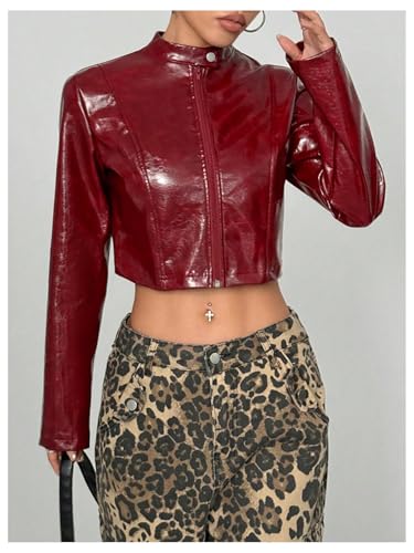 Verdusa Women's Leather Jacket Motorcycle Y2k Bomber Jackets Zip Up Cropped Outerwear3