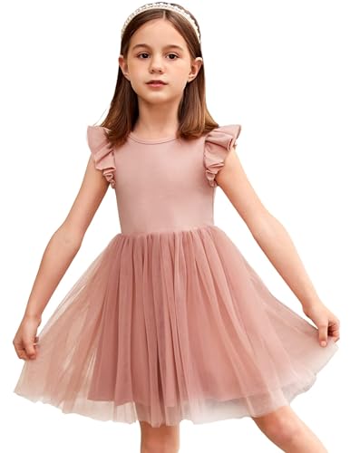 Arshiner Abito per Bambine estive per Bambini Abito Girocollo in Tulle Abito per Bambini in Cotone a Maniche Corte Abito Casual per Feste di Compleanno Abito per Bambini Rosa 120/6-7 Anni