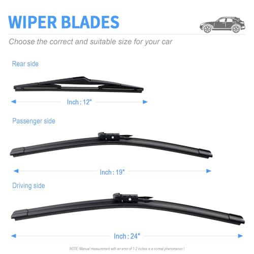 Image of Gavimnal Silicone Wiper Blades Replacement For BMW X1 2012-2015 | 24 inch+19 inch Front & 12 inch Rear, All-Weather, Streak-Free, OE-fit, Quiet, Easy One-Click Install