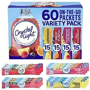 Crystal Light On-The-Go Powdered Drink Mix Variety Pack - lemonade, fruit punch, raspberry lemonade & wild strawberry - By Obanic (60 Count) 6.3 Ounce