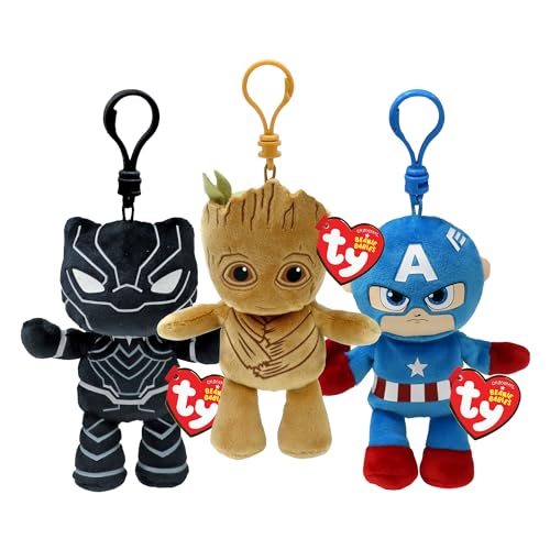 TY Clip Multipack - Black Panther, Capitán América, Groot | Juguetes de Peluche Suaves para niños | Teddy & Baby Animales de Peluche coleccionables | Clips de Bolsillo