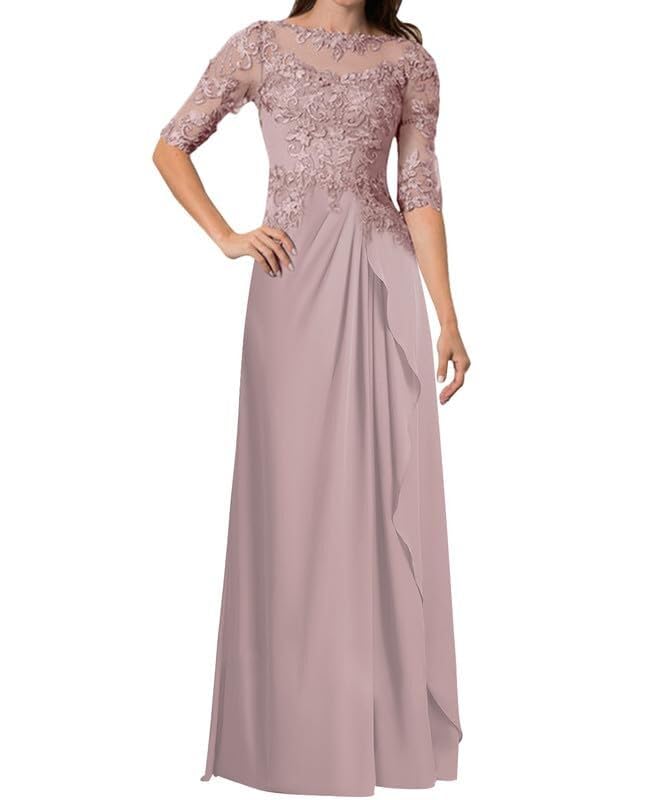 Women's Long Sleeves Mother of The Bride Dresses for Wedding Lace Appliques Chiffon Formal Evening Gowns2