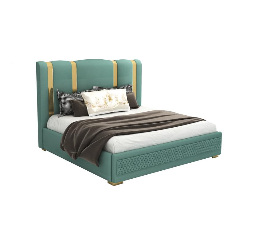 Image of STRATA FURNITURE Solid Wood Queen Size Bed with Box Storage and Upholstered Headboard | Modern Wooden Double Bed Cot Palang Furniture for Bedroom, Hotels, Living Room, and Home (Greendust)