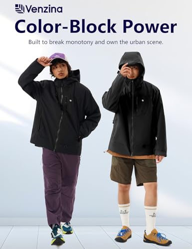 Image of Venzina Men's Waterproof Rain Jacket-Lightweight Windbreaker with Color Block Design, Breathable for Urban Outdoor, Daily Commuting I Fashion Unisex Couple Jacket