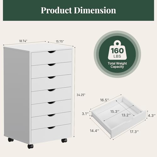 Image of Mobile File Cabinet Under Desk, 7 Drawer Storage Organization with Wheels, Vertical Filing Chest Rolling Wood Small Desk Printer Stand for Home Office, 15.75 inch D x 18.74 inch W x 34.25 inch H