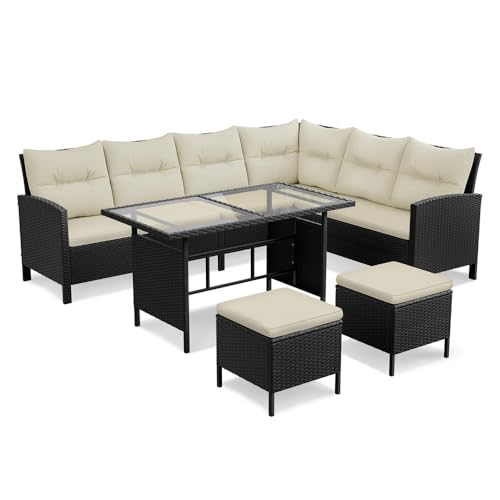 Yaheetech Polyrattan Lounge inkl. Ecksofa, Esstisch, 2 Hocker & Kissen bis 7 Personen, Wetterfest Gartenmöbel Set Rattan Sitzgruppe Gartenlounge Essgruppe für Garten Balkon Terrasse, Schwarz & Beige