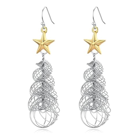 Handmade Christmas Tree Dangle Earrings Golden Silver Two Tone Women Holiday Gift, Statement Thanksgiving Themed Earrings. Christmas Gift Idea Cover