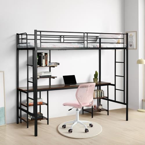FetiNes Hochbett mit Schreibtisch 90x200cm, Etagenbett mit Regalen Stauraum, Stockbett aus Metall mit Sicherheitsgeländer und Leiter für Kinder, Jugendliche und Erwachsene, Schwarz FetiNes Hochbett mit Schreibtisch 90x200cm, Etagenbett mit Regalen Stauraum, Stockbett aus Metall mit Sicherheitsgeländer und Leiter für Kinder, Jugendliche und Erwachsene, Schwarz