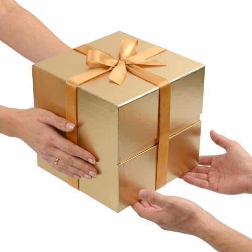 Image of LIFELUM Gold Square Gift Box with Magnetic Closure 8.6 x 8.6 x 8.6 inch, 1 Pack Luxury Gift Box Includes Ribbon, Card, Shredded Paper Filler for Graduation, Birthday, Wedding Gifts