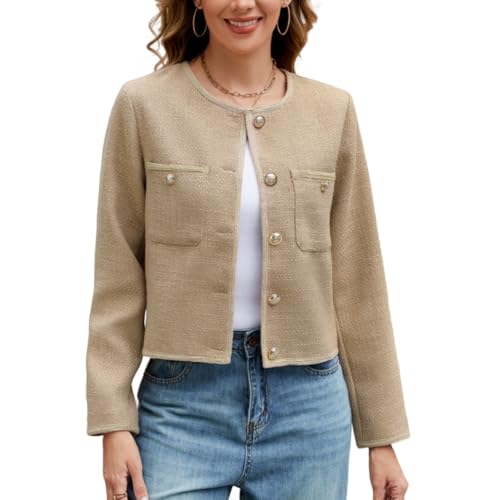 Ladyful Cropped Tweed Blazer for Women Collarless Casual Work Business Tweed Jacket Elegant Fall Trendy Ladies Coat