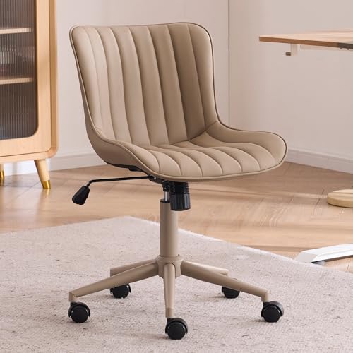 Image of YOUNIKE Office Desk Chair with Wheels Armless Vanity Chair Ergonomic Khaki | Faux Leather Upholstered with Rocking Back, Swivel Height Adjustable, Modern Small Cute Task Chair For Sewing Drafting