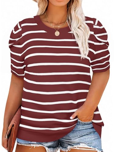 Image of Beautife Womens Plus Size Short Puff Sleeve Sweater Tops Lightweight Striped T Shirts Summer Casual Crew Neck Knit Pullover Wine Red