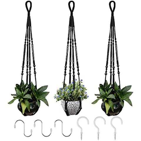 RIFNY Macrame Plant Hanger for 5 to 10 Inch Plant Pots, 35 Inch Indoor Handmade Woven Rope Hanger Kits with Hooks and Wood Beads, Hanging Planter Basket Holder for Boho Home Decor (Black, 3 Pack) Cover