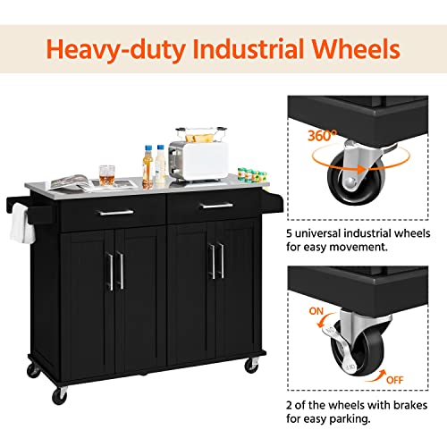 Image of Yaheetech Rolling Kitchen Island with Stainless Steel Top, Kitchen Cart Storage Cabinet on Wheels with 2 Drawers and Inner Adjustable Shelves for Dining Room, 50.5 Inch Width, Black