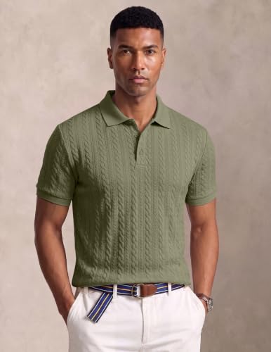 Image of JMIERR Men's Cable Knit Polo Shirts Elasticity Short Sleeve | Men's cable knit polo shirt with elasticity, machine wash, short sleeve, breathable textured knit for spring summer