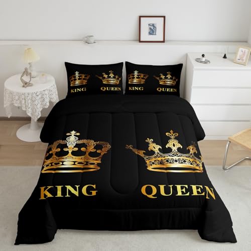 Image of Feelyou Gold Crown Bedding Set for Kids Boys Girls Queen, King Queen Comforter Set Mr Mrs Comforter Anniversary Duvet Set Men with 2 Pillow Case
