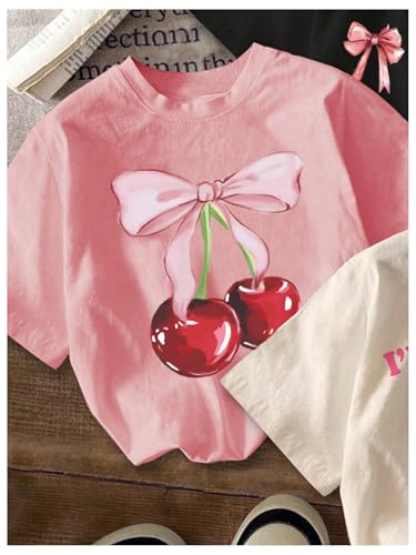 Girl's Bow Cherry Graphic Tees Short Sleeve Crewneck Cute T Shirts Tops for Teens Summer Tops3