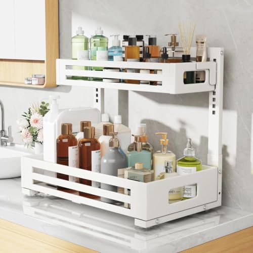 Image of 2 Pack 17IN-Depth Under Sink Organizer,Pull Out Cabinet Organizer With Smooth Cylindrical Rail,Metal Slide Out Drawer for Kitchen Bathroom Laundry,8-Level Tool Free Height Adjustable-White