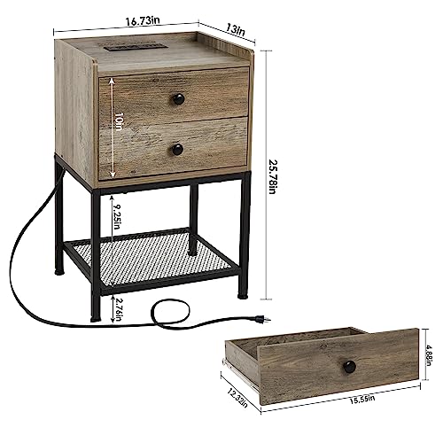 Saedew Nightstand With Charging Station And 2 Usb Ports, Grey Side Table With 2 Drawers And Metal Shelf For Bedroom, Living Room #TOP1