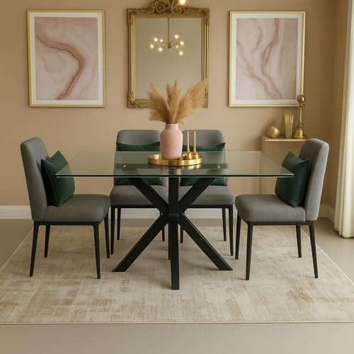 Meyvaser.com Ecommerce Company Mesa de Comedor con Tapa de Cristal Negro y Patas Metálicas – 140x80x75 cm – Diseño Moderno y Elegante para Salón o Cocina