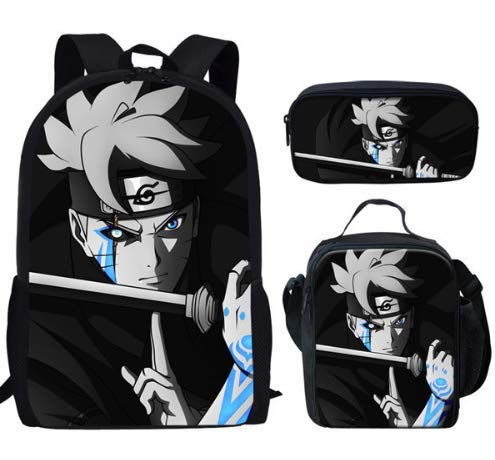 Middle School Student Backpack 3pcs Set Boruto Naruto NEXT GENERATIONS School Bag Japan Anime Printing Children Shoulder Backpack Boy Lunch bag pencil case (44X23X18CM,27)
