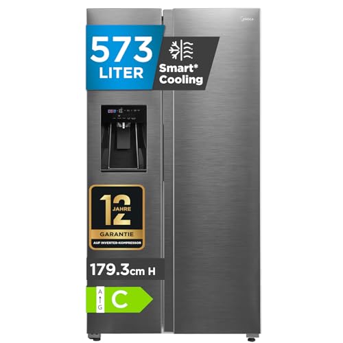 Midea Side-by-Side Kühl-Gefrierkombination Eiswürfelspender 573 L | No Frost 3in1 Wasser- & Eisdispenser | Inverter Kompressor 38 dB 208 kWh/Jahr SuperCool & Freeze | Bru-Stahl MDRS761MYC46