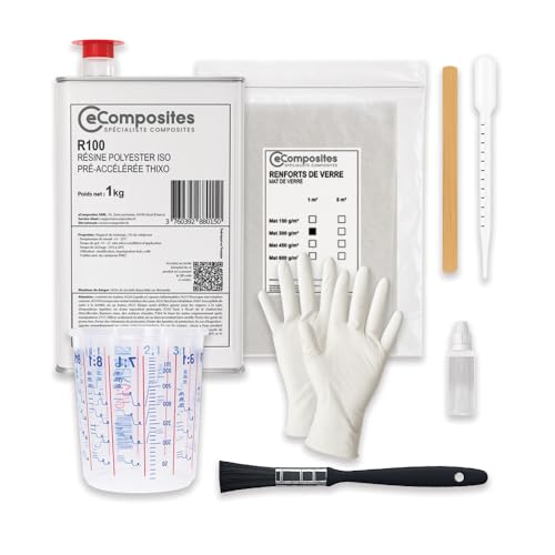 Kit Réparation Résine Polyester 1 kg + Mat de Verre 1 m² + Catalyseur PMEC 20 ml + Accessoires application