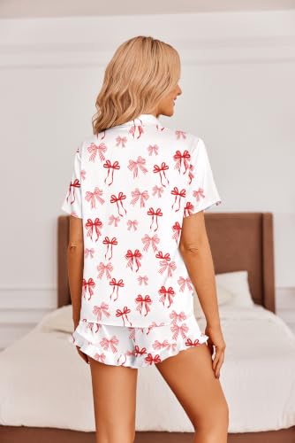 Image of Ekouaer Womens Satin Pajamas Set Button Down 2 Piece Silk Pjs Shorts Set Ruffle Lingerie Notch Collar Sleepwear
