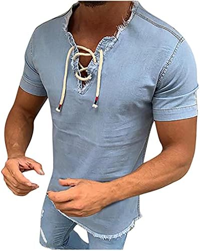 Lace-Up V-Neck Denim Shirt Short Sleeve 