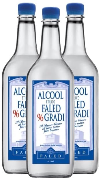 Faled 3 Bottiglie Alcool Etilico Puro 96%, di Origine Agricola, Uso Alimentare e Disinfettante, Bottiglia 1000 ml
