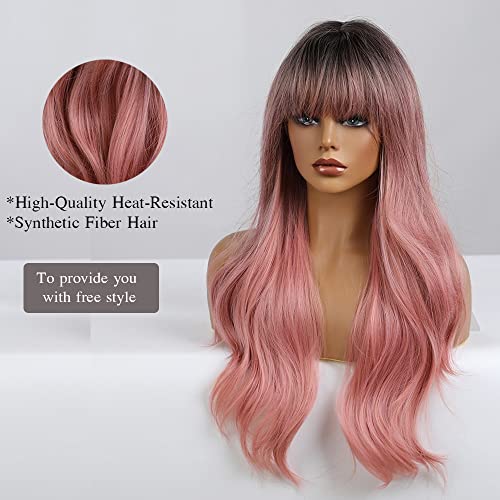 OUFEI 24 Inches Ombre Pink Natural Long Wavy Synthetic Hair Wigs for Women with Dark Roots for Daily Party Cosplay Use - Image 3