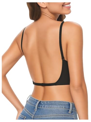 OYOANGLE Women's Low Back Bras with Padded Removeable Wirefree Seamless Bra Backless Multiway Straps Convertible Bra Black Large