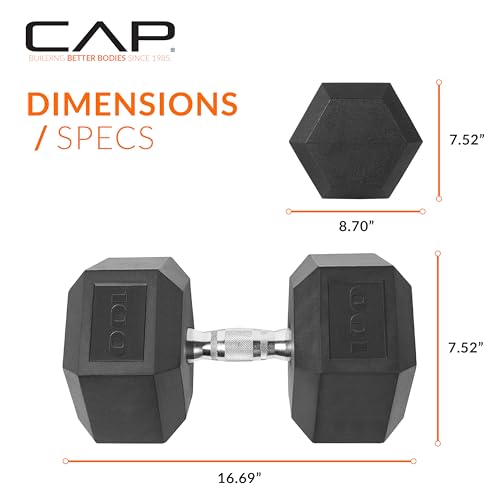 Image of CAP Rubber Coated Dumbbell Weights, Free Weights for Home Gym Strength Training, Anti-Roll Hex Dumbbells with Black, Chrome & Comfort Grip Handles, Singles